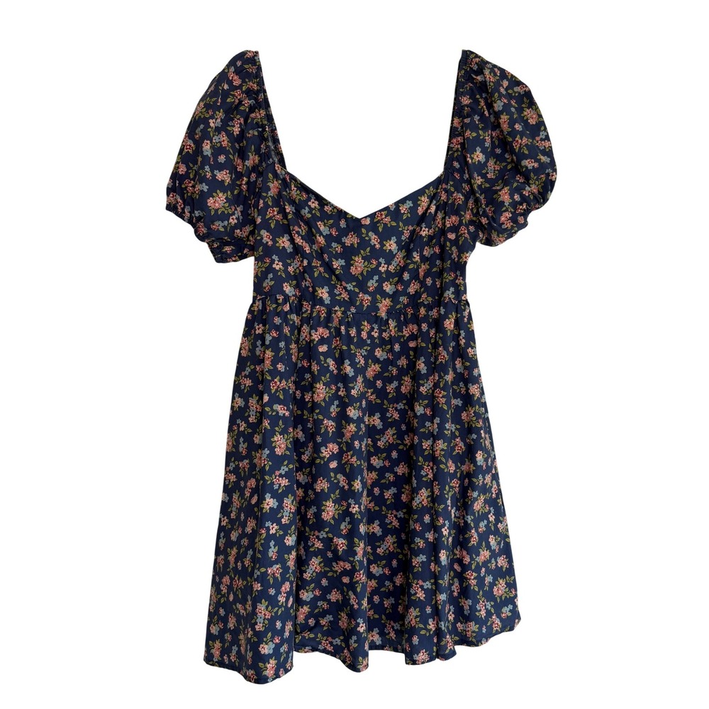 Altar'd State Davinly Floral Mini Dress Navy Blue Puff Sleeve Cotton Size M